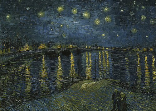 Quadro de paisagem noturna com céu estrelado e reflexos no rio