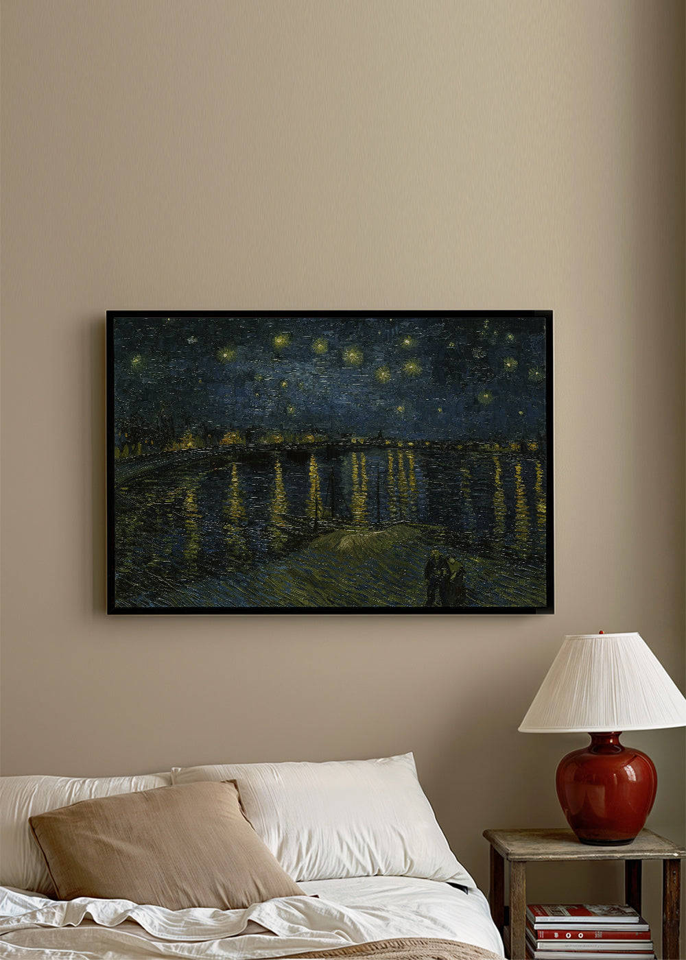 Quadro de paisagem noturna com céu estrelado e reflexos no rio