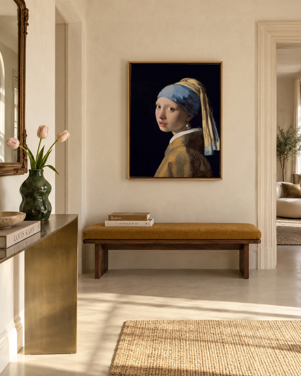 Girl with a pearl earring - Johannes Vermeer - Framed canvas in an interior