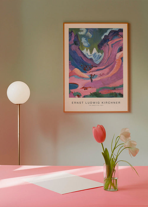 Paisagem expressionista com montanhas rosas