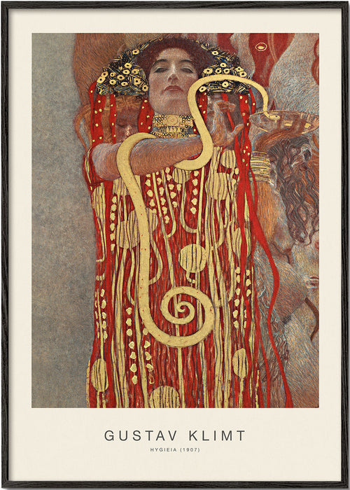 Arte vintage Hygieia de Klimt em dourado e vermelho