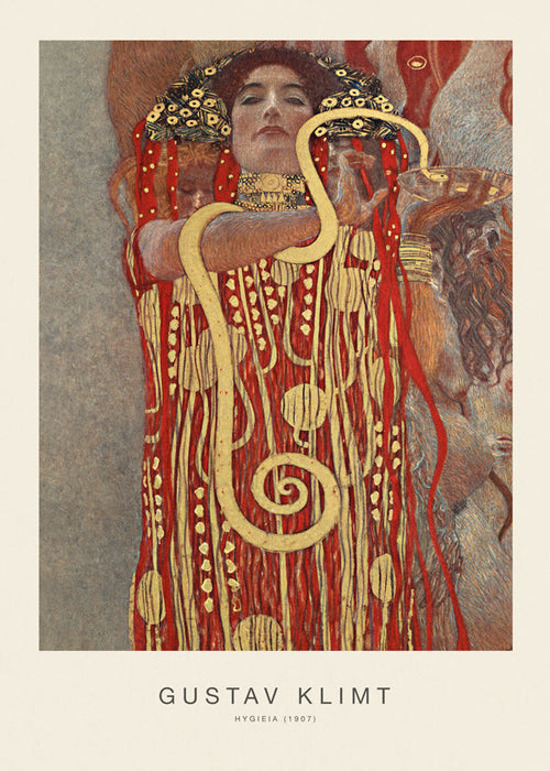 Arte vintage Hygieia de Klimt em dourado e vermelho