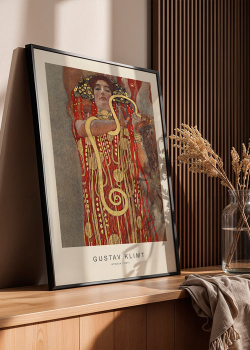 Arte vintage Hygieia de Klimt em dourado e vermelho