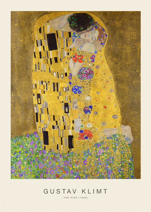 Poster vintage O Beijo em ouro com motivos florais