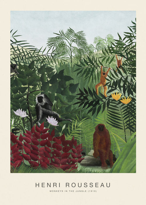 Quadro de macacos na selva estilo naïf