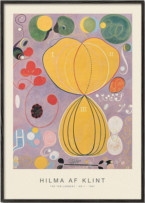 Quadro abstrato com formas botânicas e círculos amarelos