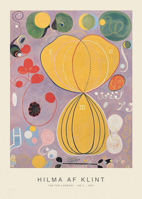 Quadro abstrato com formas botânicas e círculos amarelos