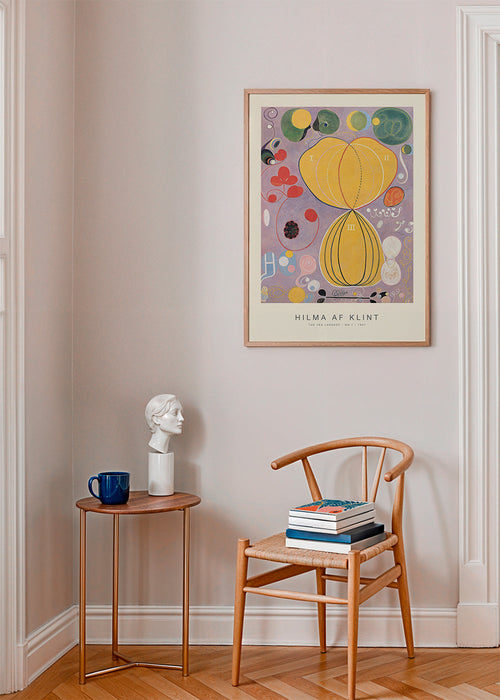 Quadro abstrato com formas botânicas e círculos amarelos