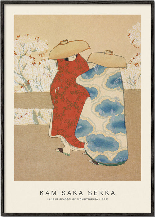 Ilustração japonesa com quimonos e flores de cerejeira