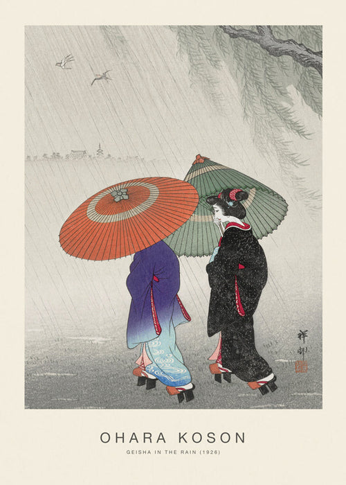 Ilustração japonesa de gueixas na chuva