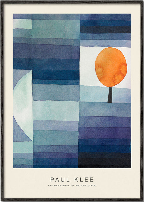 Quadro abstrato com árvore laranja e faixas azuis