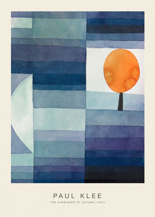 Quadro abstrato com árvore laranja e faixas azuis