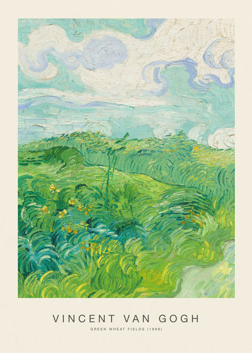 Arte de paisagem com campos de trigo verdes e pinceladas expressivas