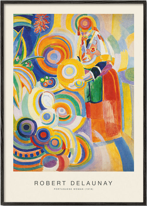 Quadro abstrato com figura portuguesa e círculos coloridos