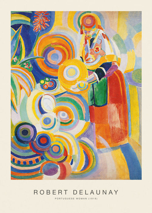 Quadro abstrato com figura portuguesa e círculos coloridos