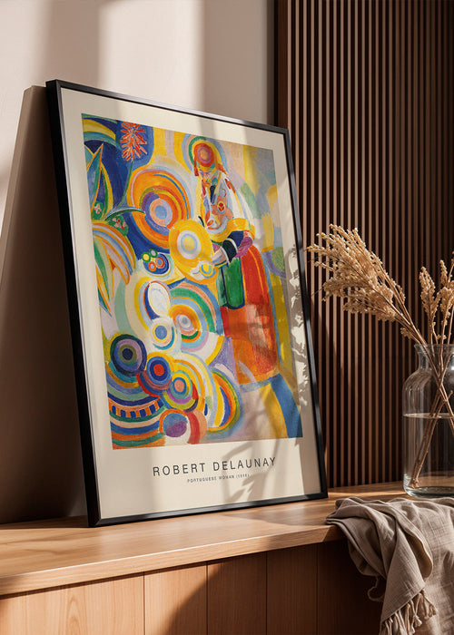 Quadro abstrato com figura portuguesa e círculos coloridos