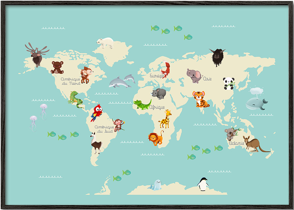 Quadro infantil mapa-múndi com animais