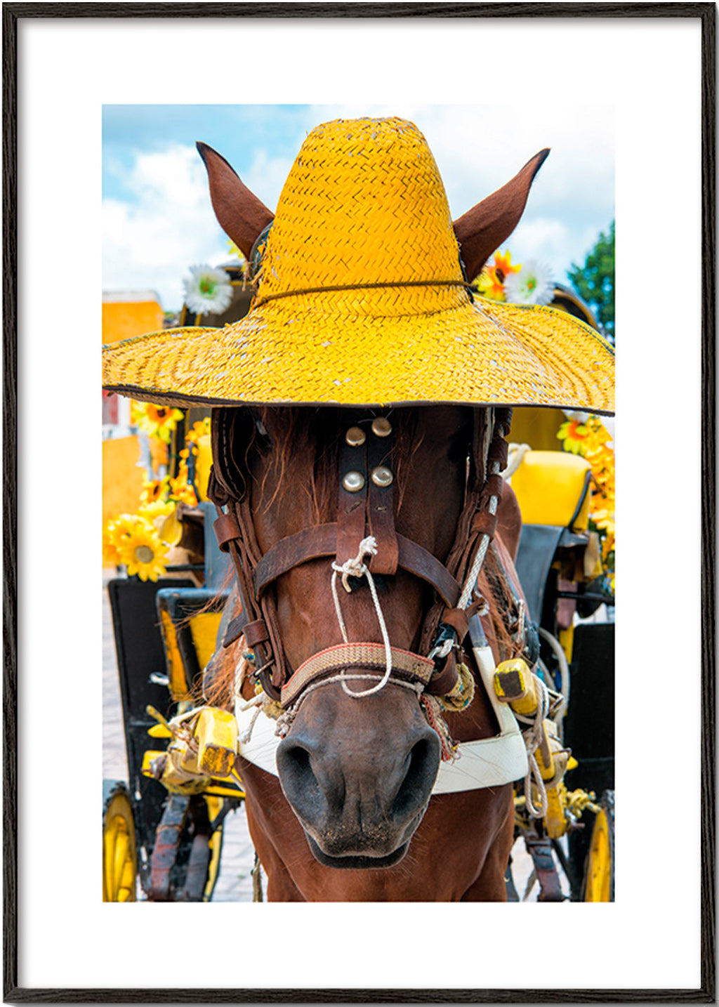 Quadro de cavalo com chapéu amarelo – Black Frame