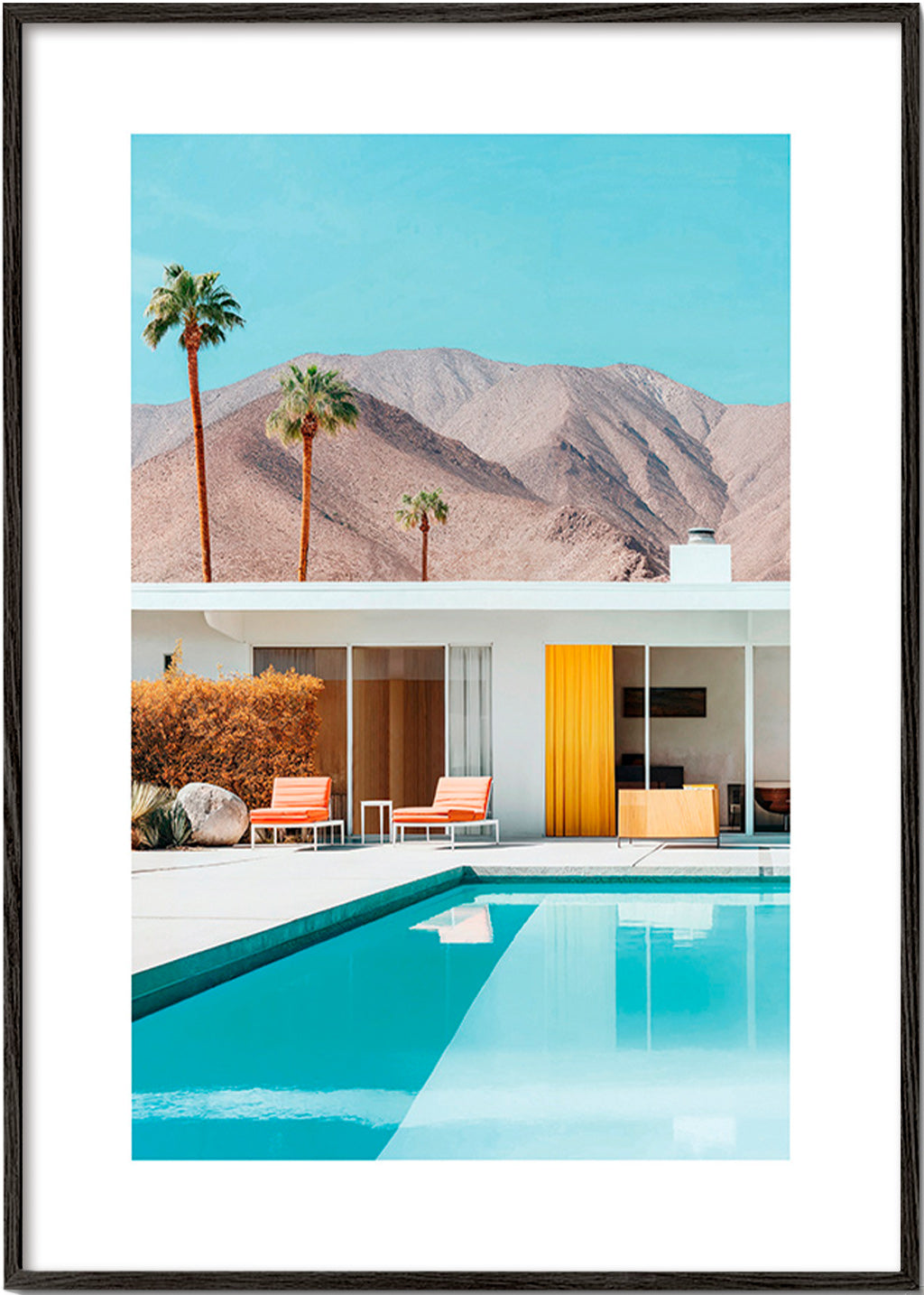 Paisagem com piscina e palmeiras – Black Frame