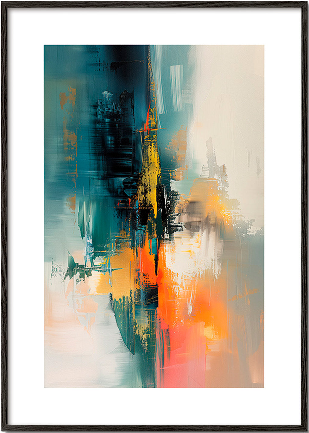 Quadro abstrato vertical com pinceladas azuis e laranja – Black Frame