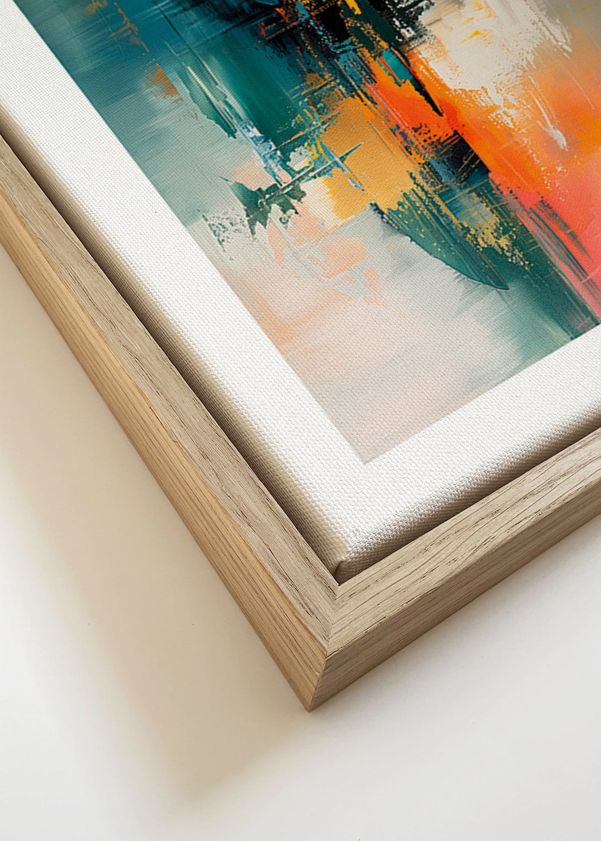 Quadro abstrato vertical com pinceladas azuis e laranja – Canvas detail