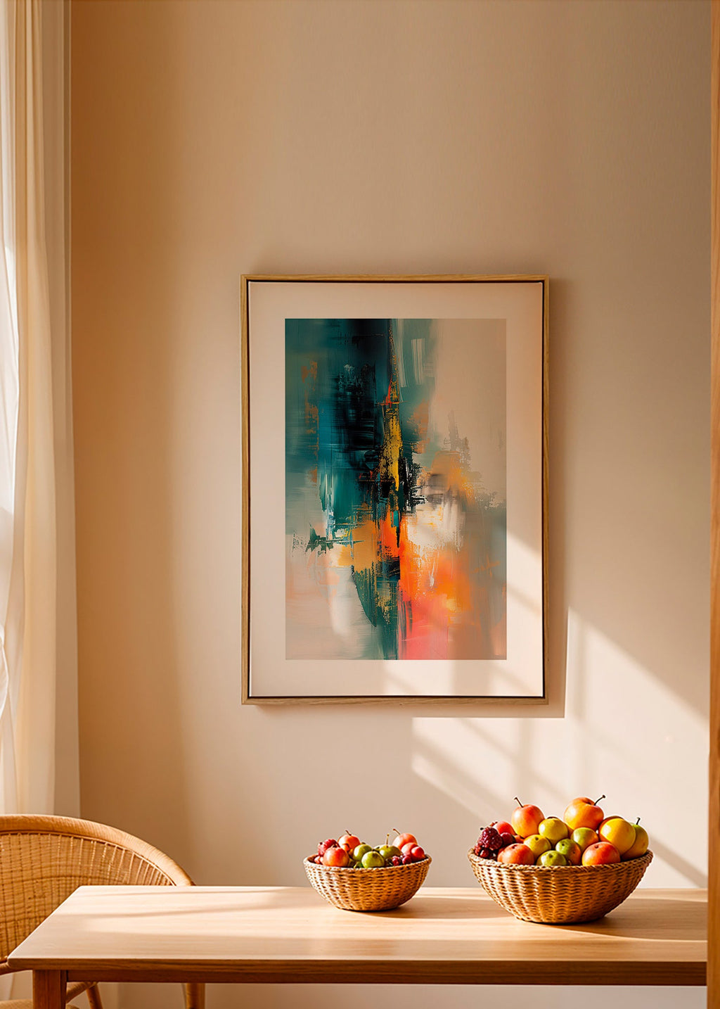 Quadro abstrato vertical com pinceladas azuis e laranja – Canvas2
