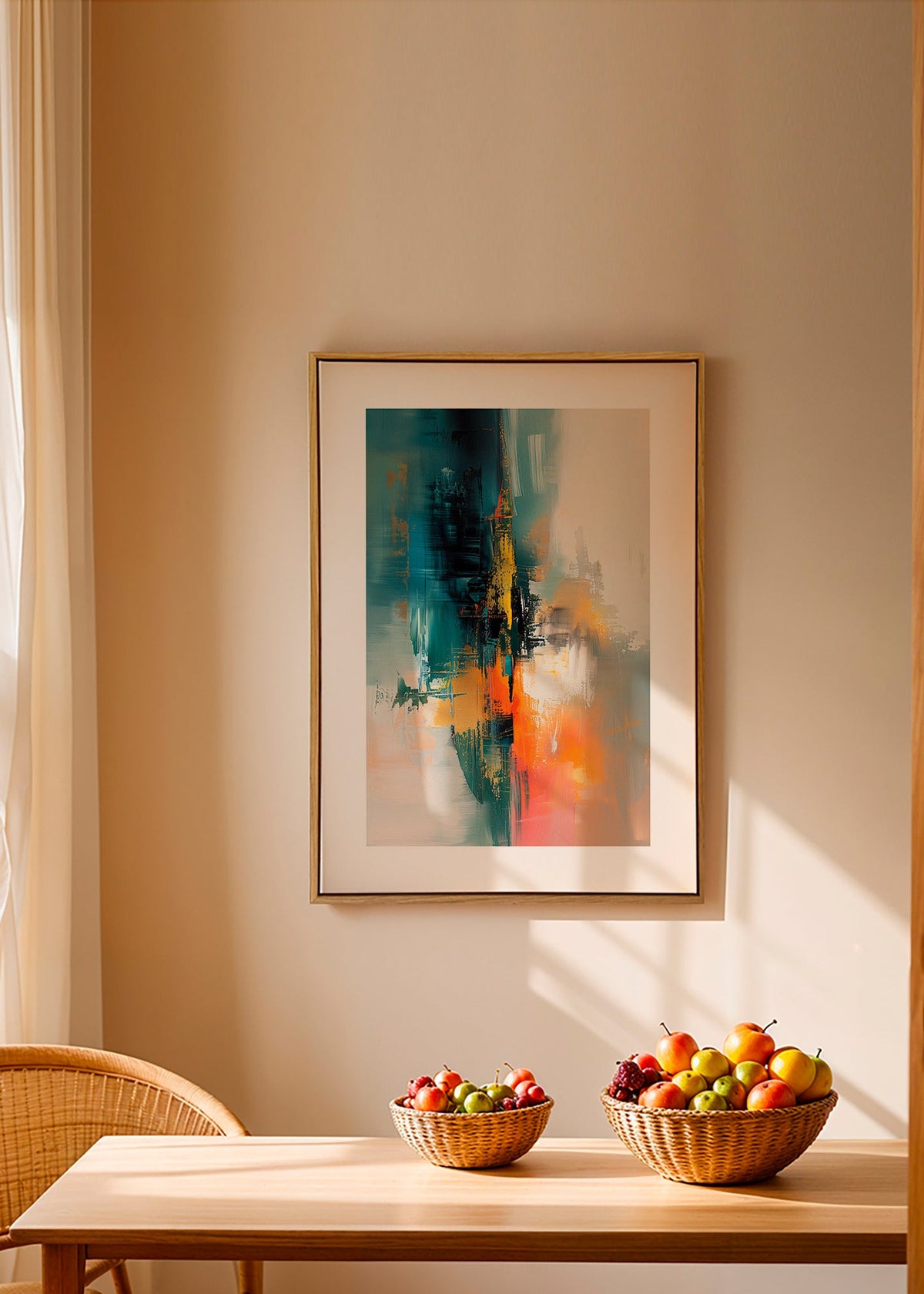 Quadro abstrato vertical com pinceladas azuis e laranja – Canvas2