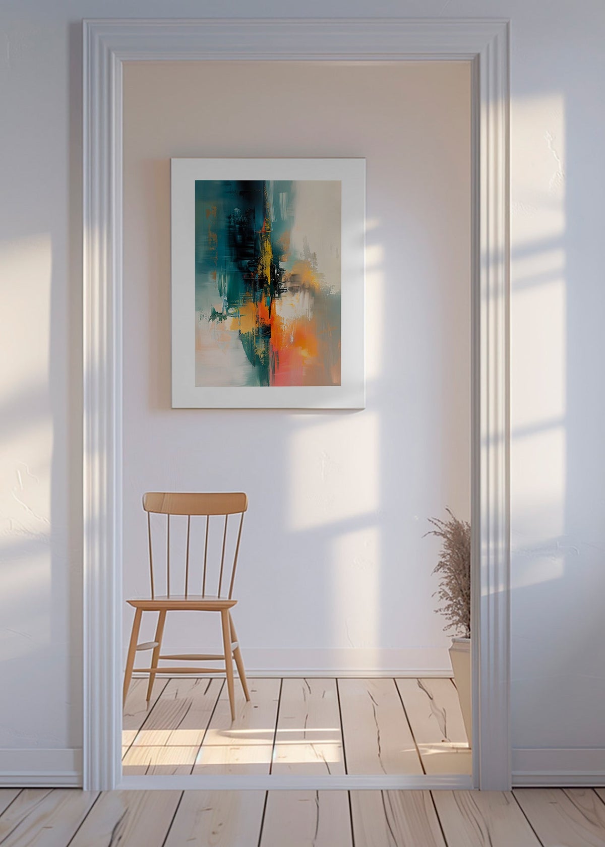 Quadro abstrato vertical com pinceladas azuis e laranja – Canvas