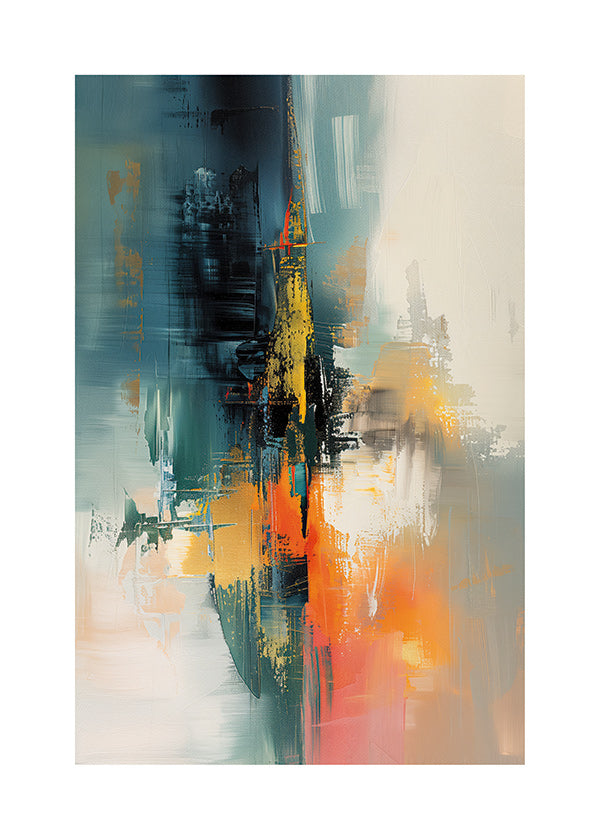 Quadro abstrato vertical com pinceladas azuis e laranja