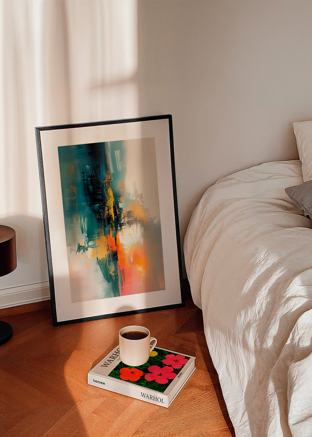 Quadro abstrato vertical com pinceladas azuis e laranja – Product1