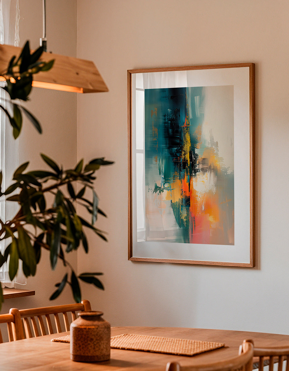 Quadro abstrato vertical com pinceladas azuis e laranja – Product2