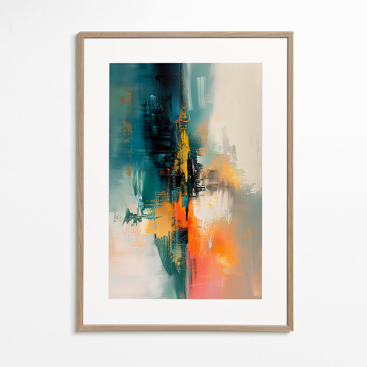 Quadro abstrato vertical com pinceladas azuis e laranja – Oak Frame