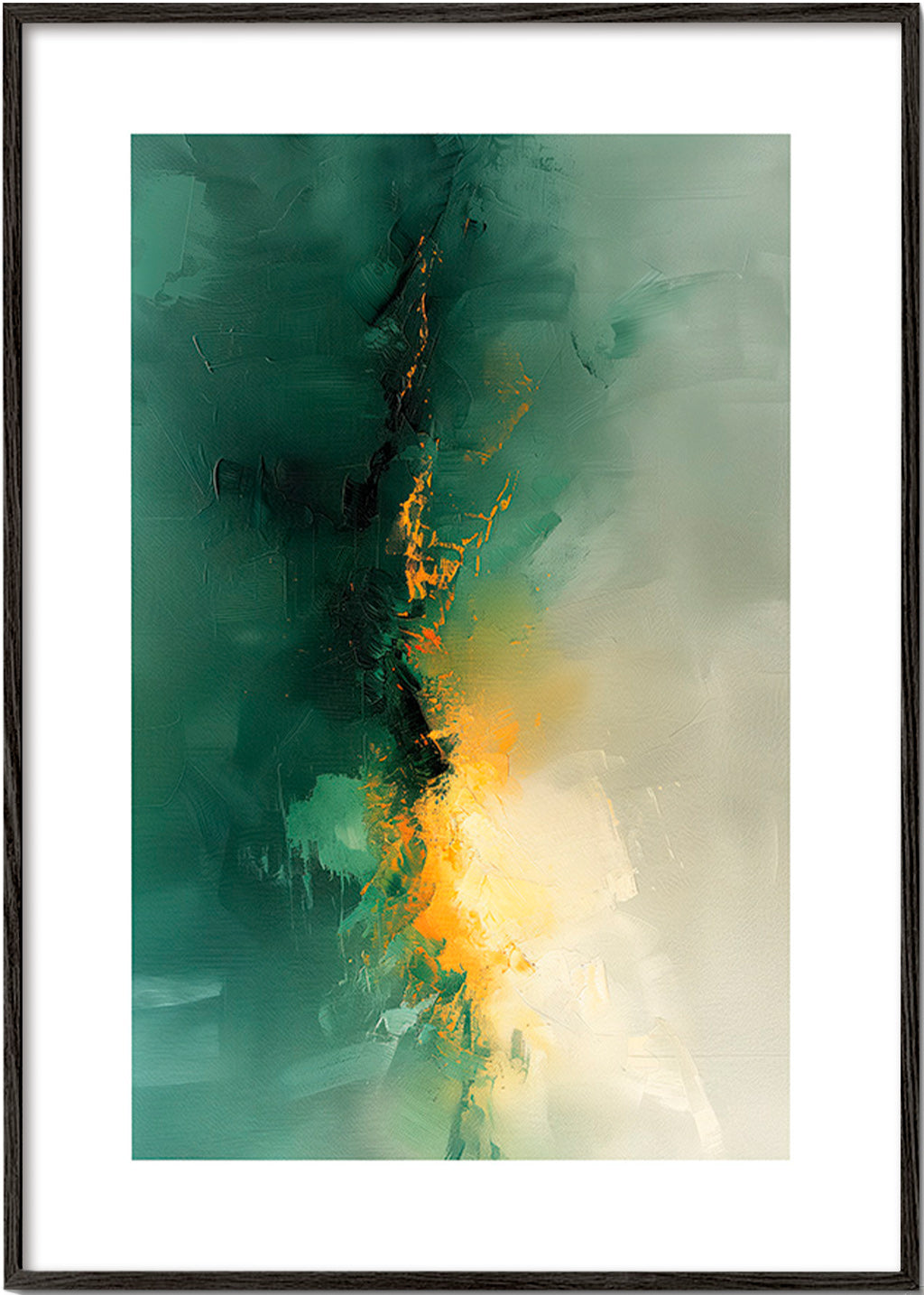 Quadro abstrato verde e dourado - Crepúsculo – Black Frame