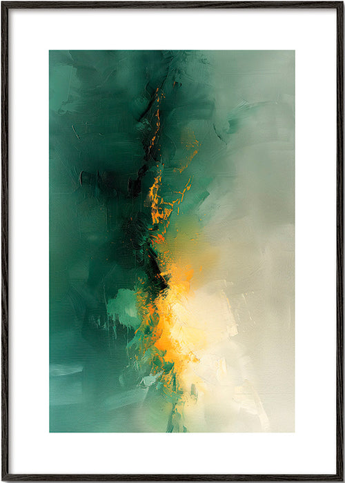 Quadro abstrato verde e dourado - Crepúsculo – Black Frame