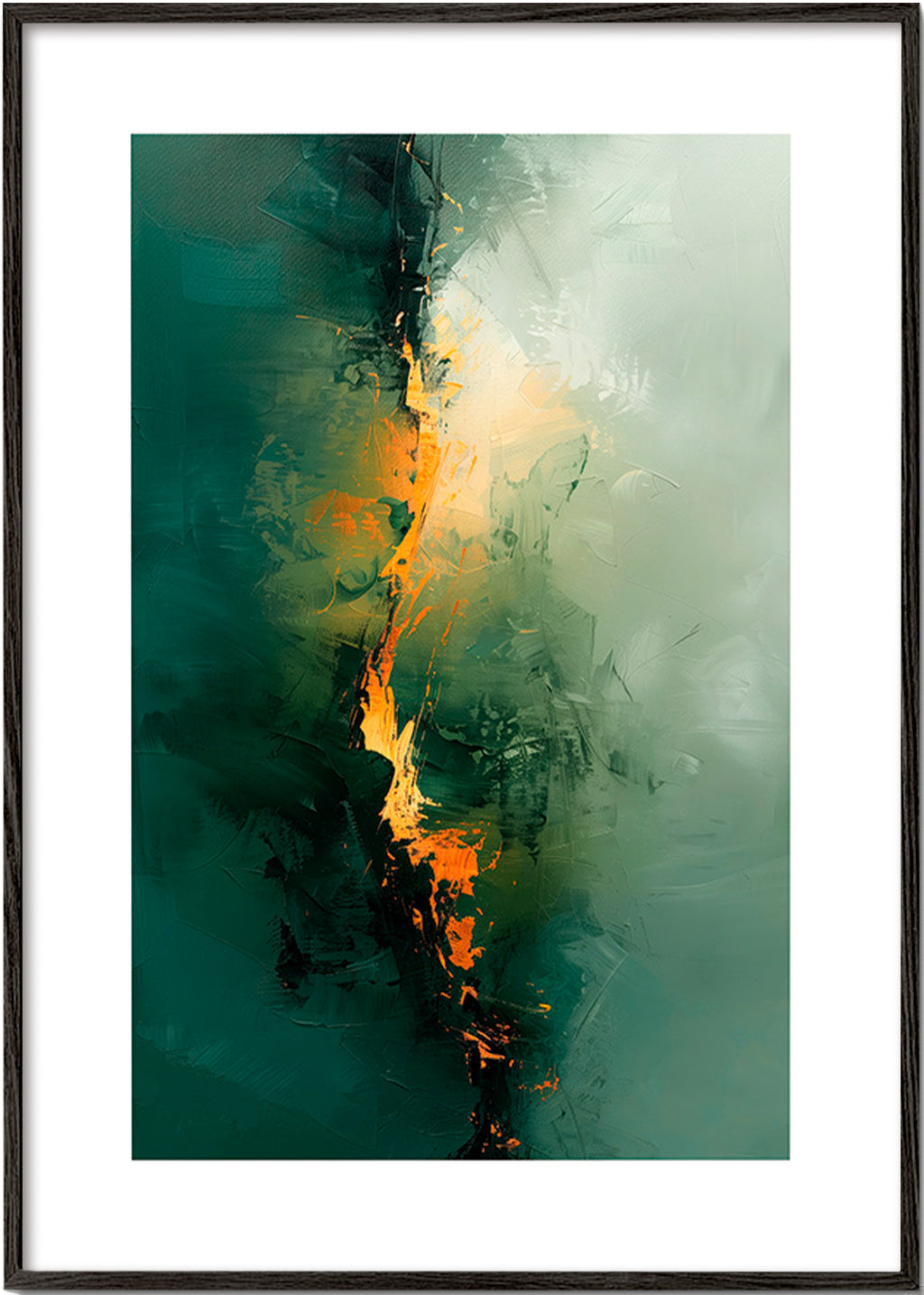 Quadro abstrato com vetas verdes e acentos laranja – Black Frame