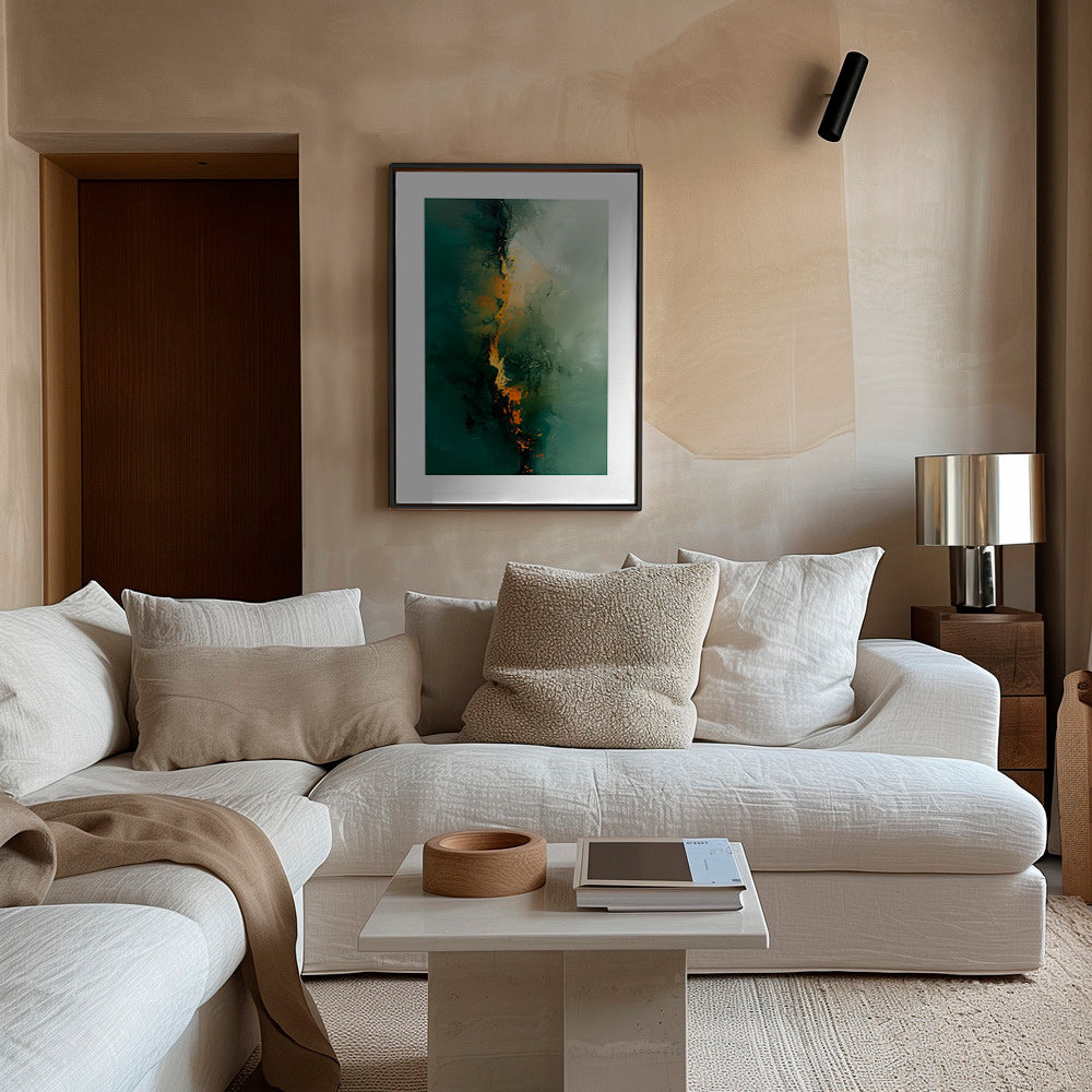 Quadro abstrato com vetas verdes e acentos laranja – Canvas1