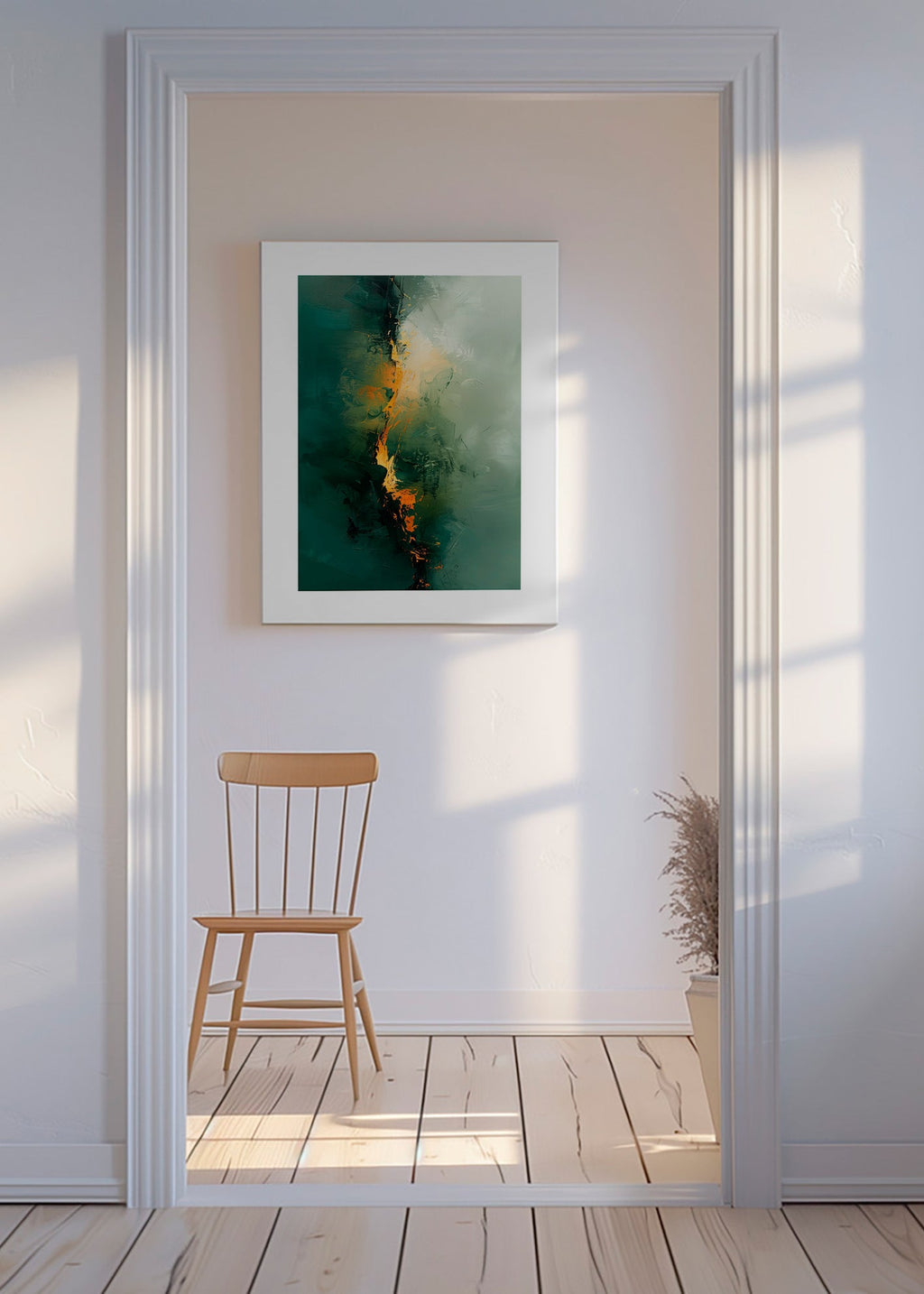 Quadro abstrato com vetas verdes e acentos laranja – Canvas