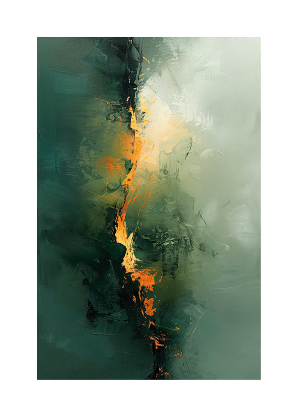Quadro abstrato com vetas verdes e acentos laranja