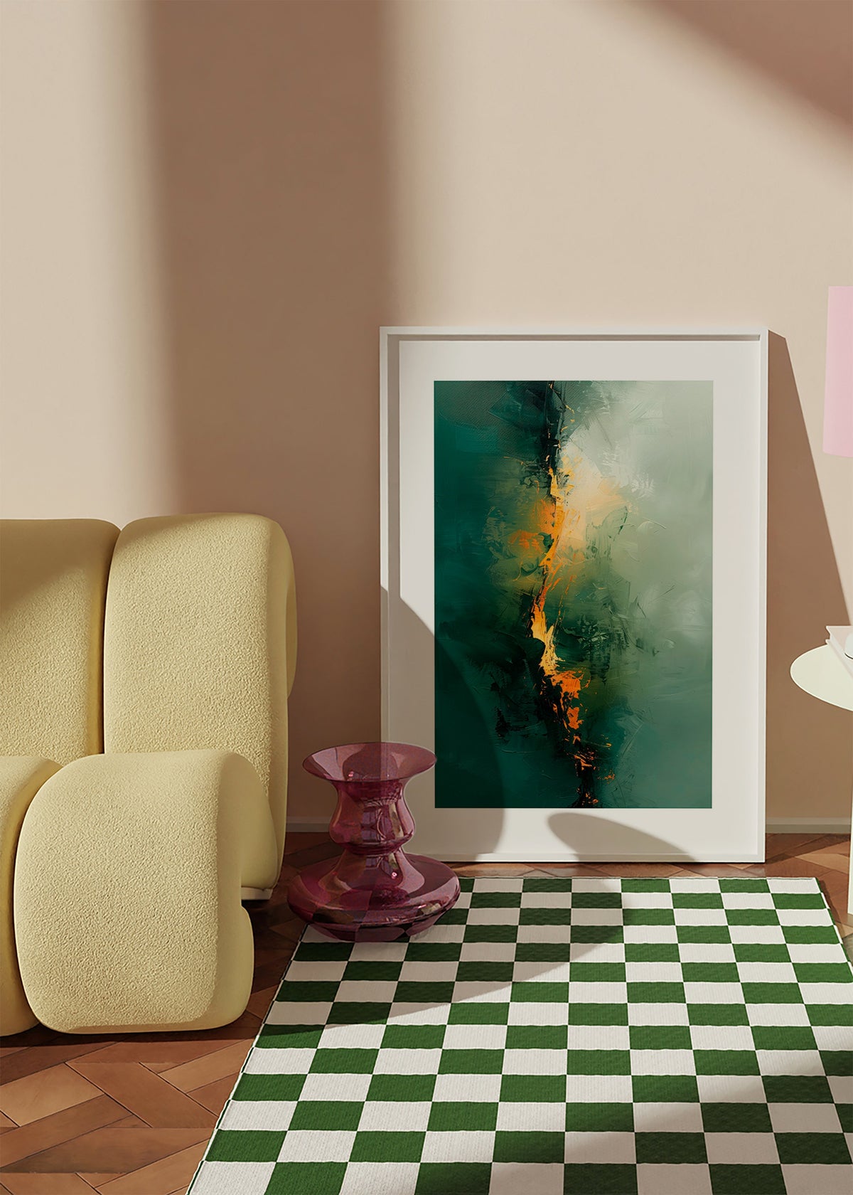 Quadro abstrato com vetas verdes e acentos laranja – Product1
