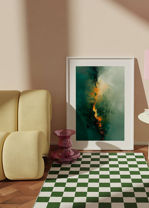 Quadro abstrato com vetas verdes e acentos laranja – Product1