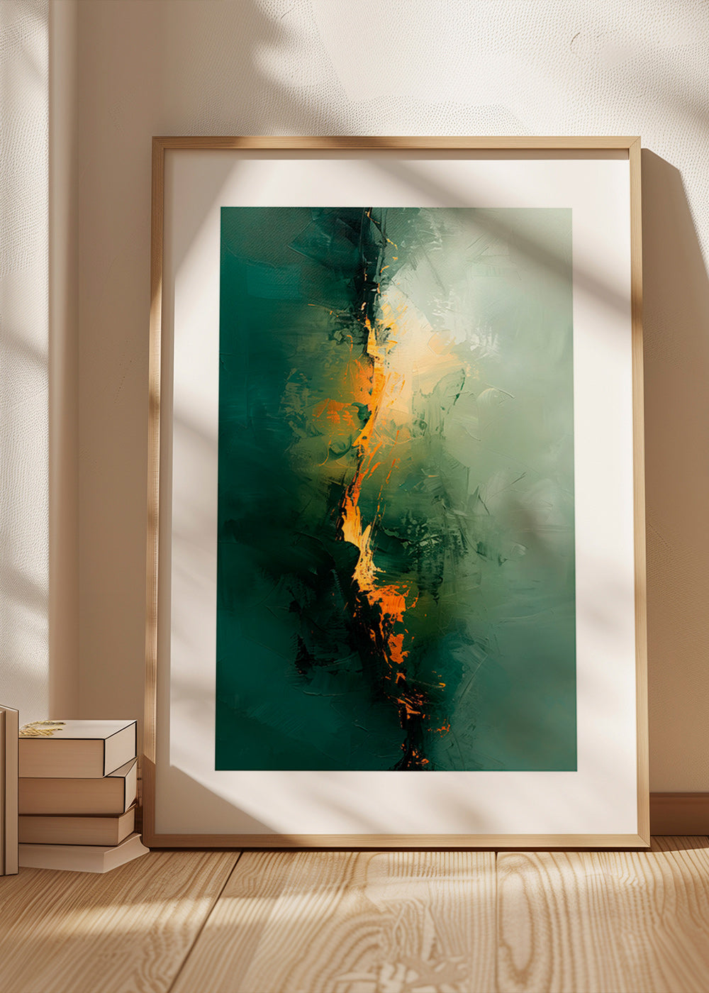 Quadro abstrato com vetas verdes e acentos laranja – Product2