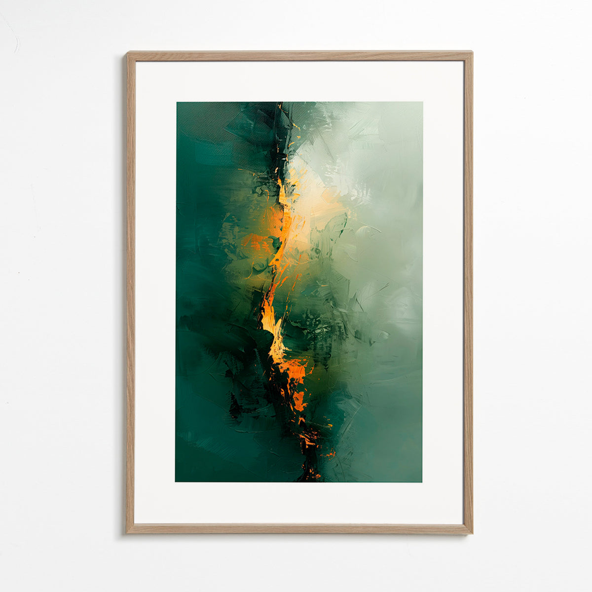 Quadro abstrato com vetas verdes e acentos laranja – Oak Frame