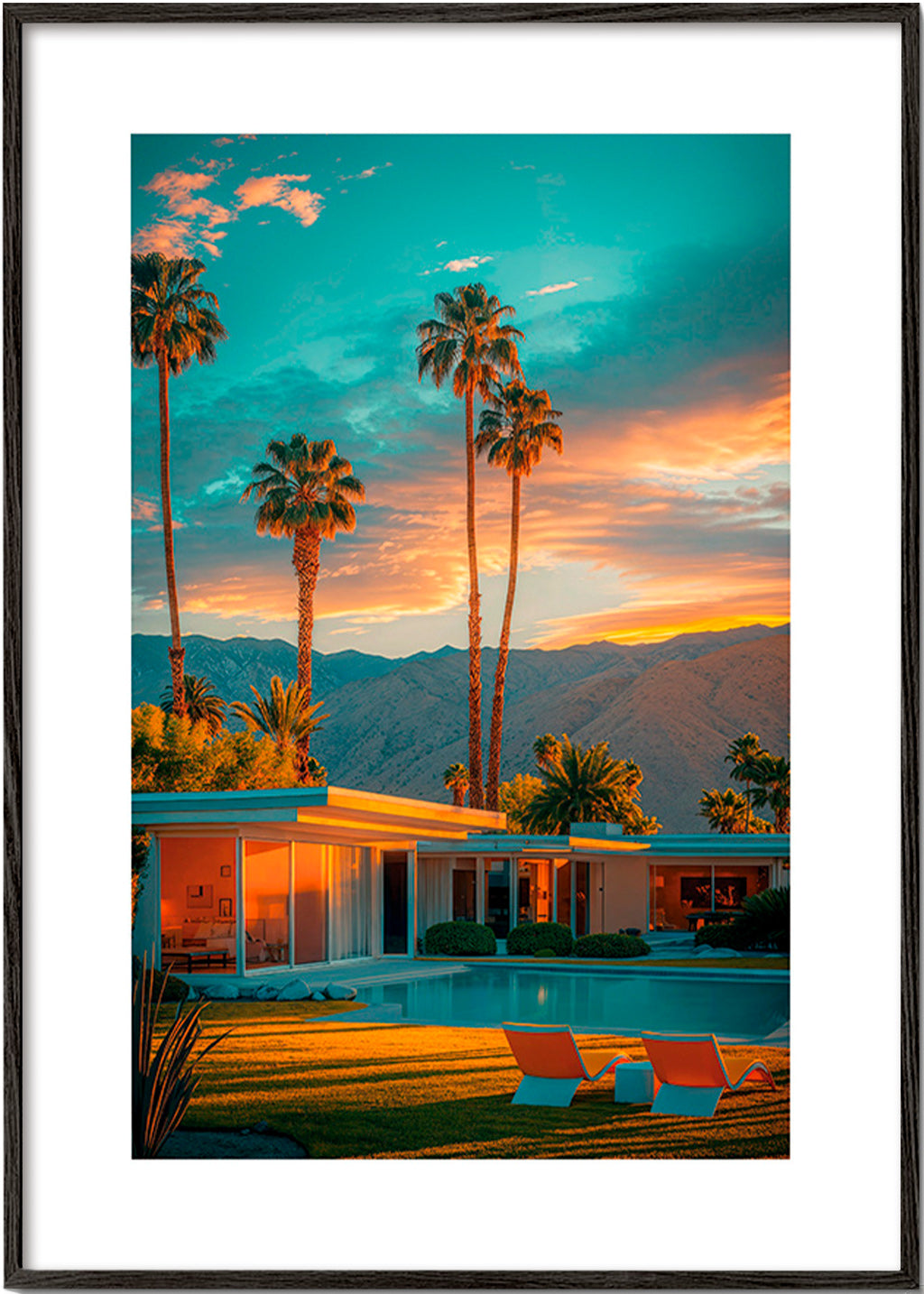 Arte paisagística: pôr-do-sol com palmeiras e piscina – Black Frame