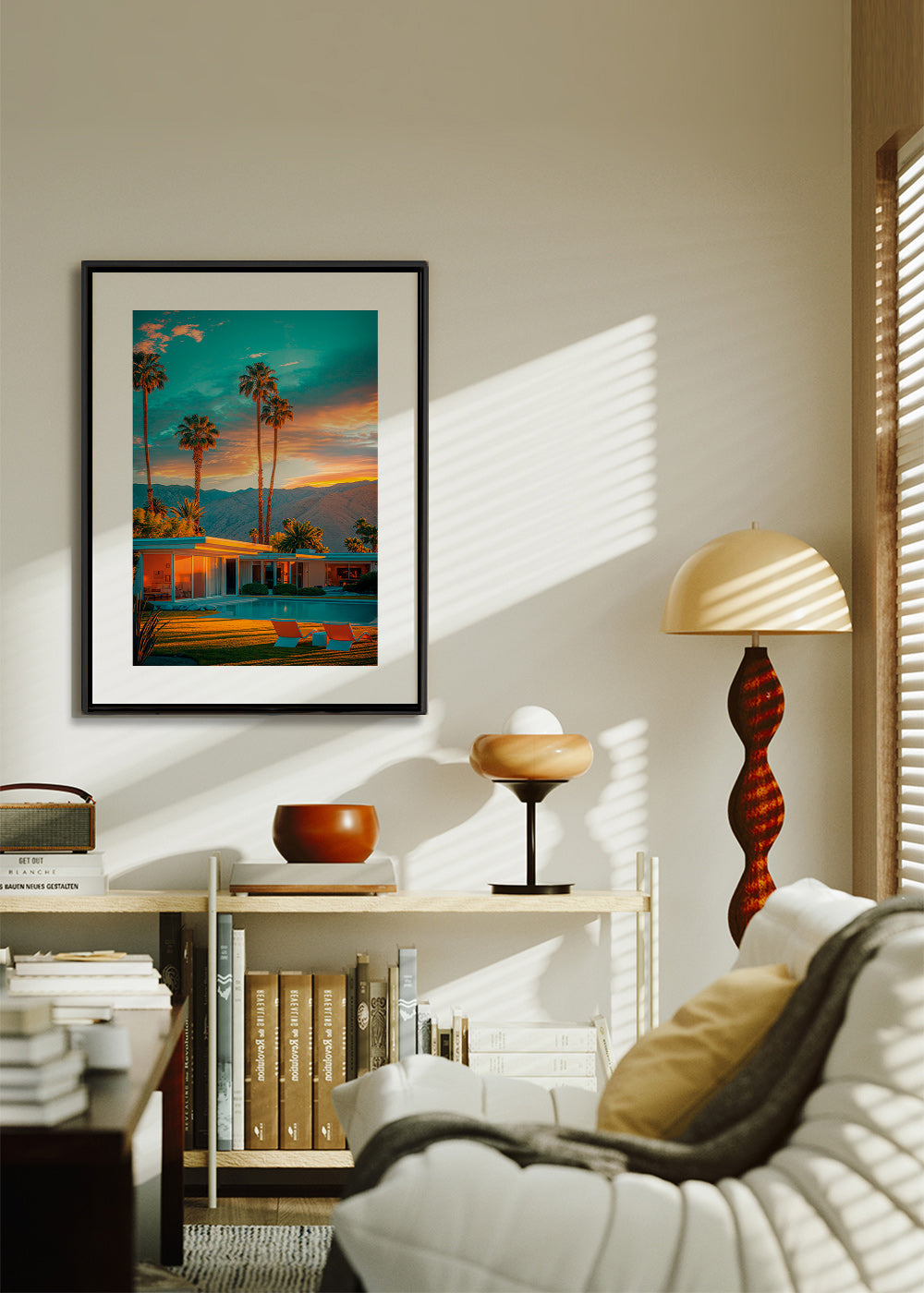 Arte paisagística: pôr-do-sol com palmeiras e piscina – Canvas2