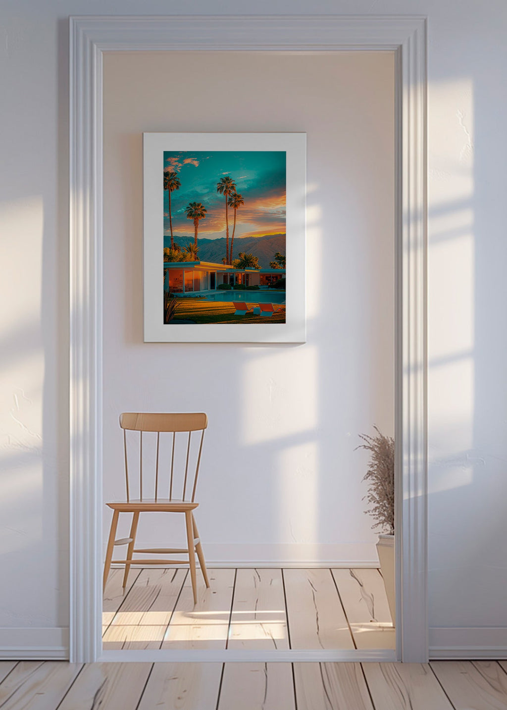 Arte paisagística: pôr-do-sol com palmeiras e piscina – Canvas