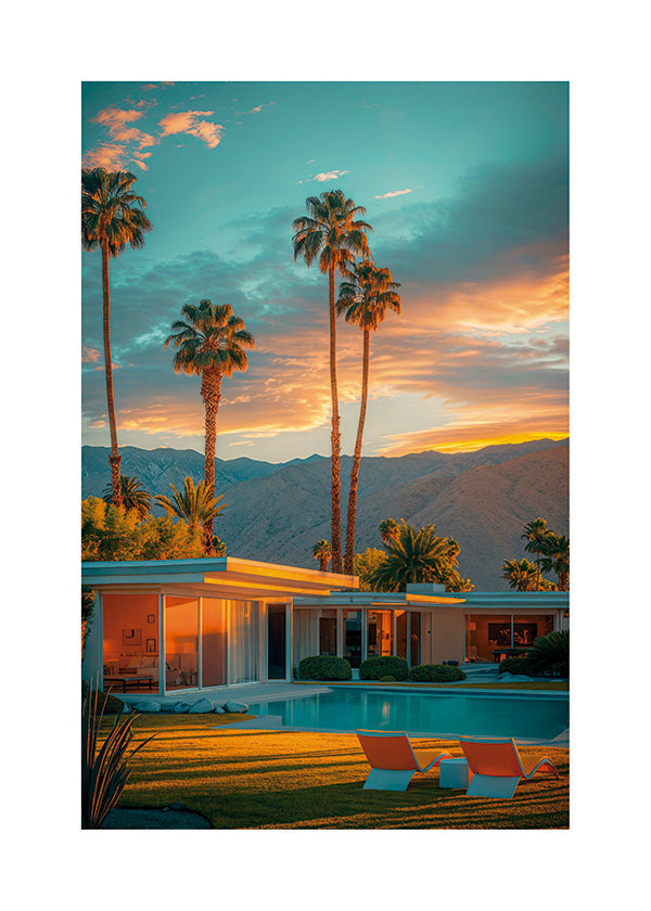 Arte paisagística: pôr-do-sol com palmeiras e piscina