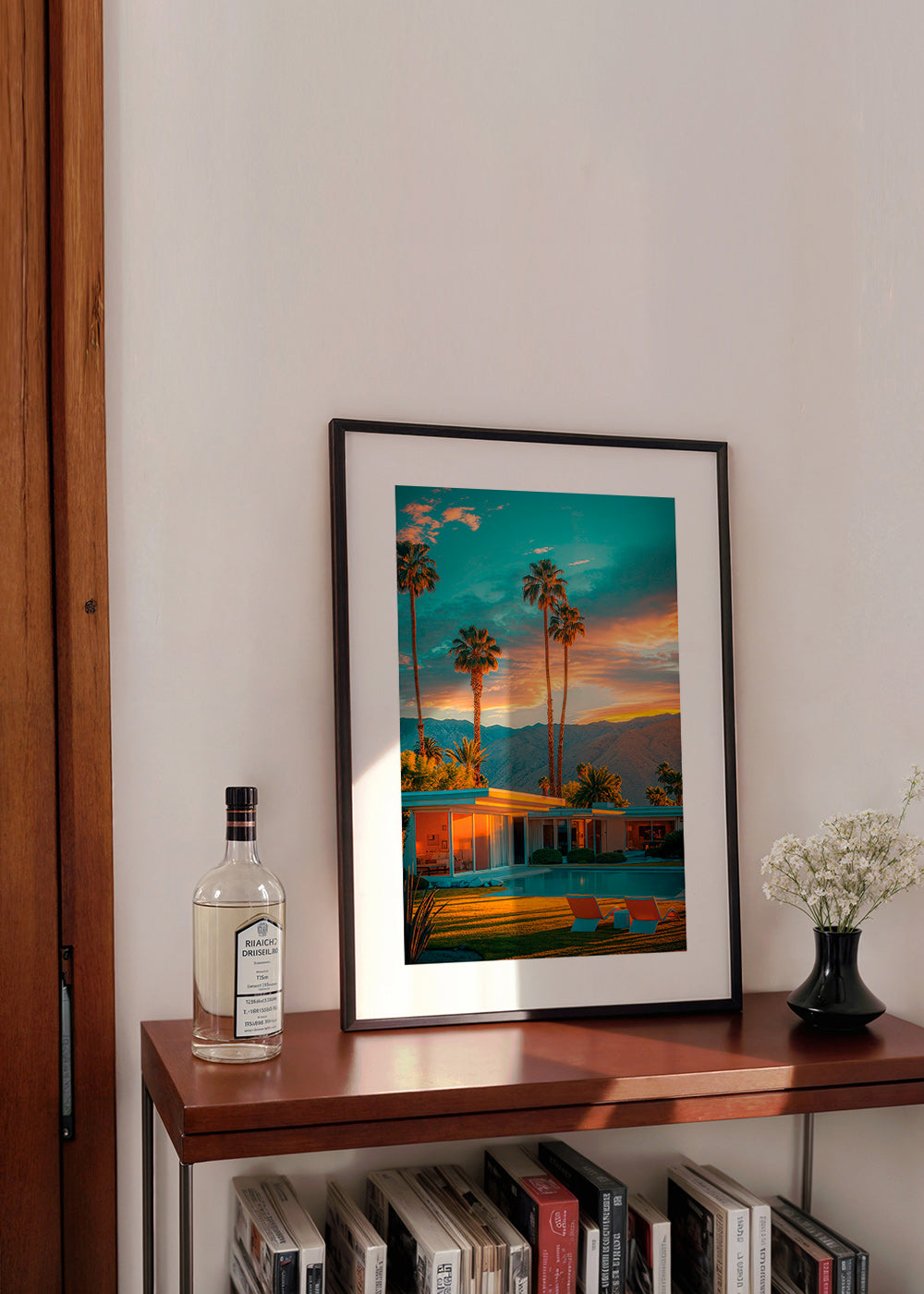 Arte paisagística: pôr-do-sol com palmeiras e piscina – Product1