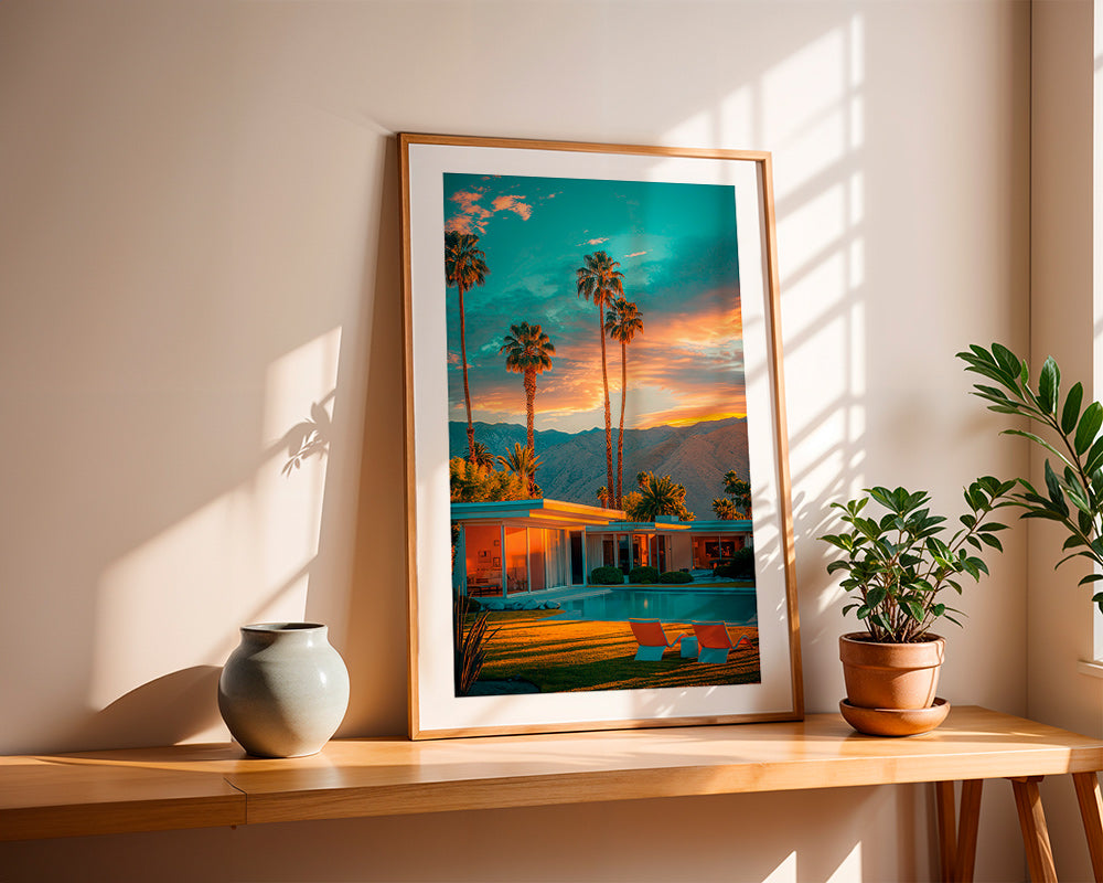 Arte paisagística: pôr-do-sol com palmeiras e piscina – Product3