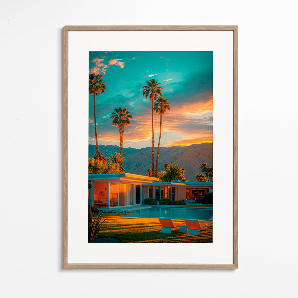 Arte paisagística: pôr-do-sol com palmeiras e piscina – Oak Frame