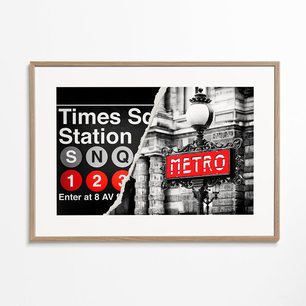 Poster de viagem com placa Metro vermelha – Oak Frame